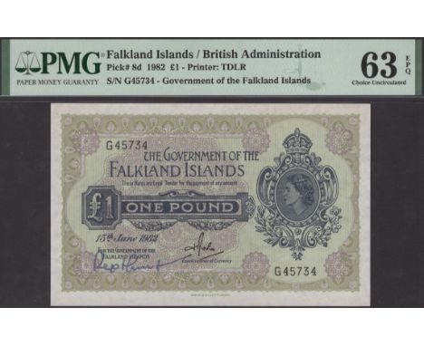 Government of the Falkland Islands, £1, 1 January 1982, serial number G45734, Rowlands signature and a manuscript signature o