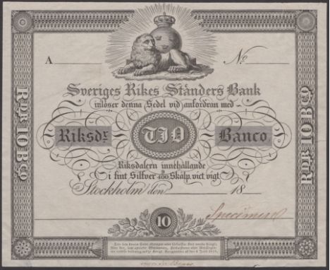 Sveriges Rikes Standers Bank, specimen/proof on paper for 10 Riksdaler Banco, 18- (1836-1857), no serial number or signatures