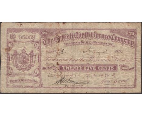British North Borneo Company, 25 Cents, 19 August 1895, serial number 05069, manuscript Accountant signature, printed Alexand