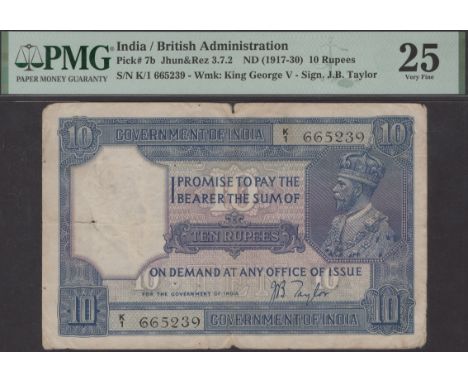Government of India, 10 Rupees, ND (1917-30), serial number K/1 665239, Taylor Signature, spindle holes at left, in PMG holde
