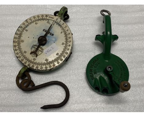 Two pieces of antique kitchenalia including set of salter scales and bean slicer, shipping unavailable