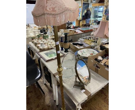 A brass standard lamp with brass mirror and chrome and glass cake stand, shipping unavailable