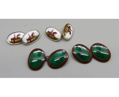 Two pairs of silver cufflinks depicting huntsman and green enamel with jockey 