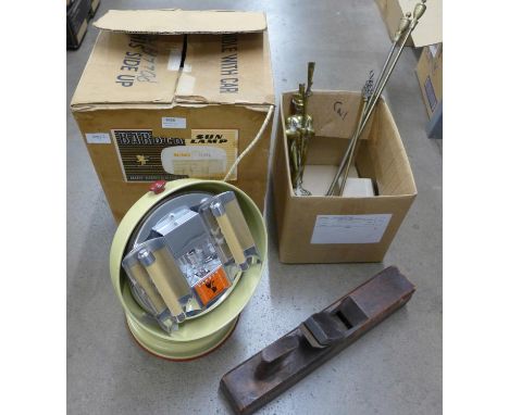A Barber health lamp (sun lamp), boxed, a brass hour glass, a large wooden block plane, a brass model of a French soldier and