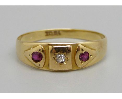 A vintage 18ct gold, ruby and diamond ring, 2.1g, M 