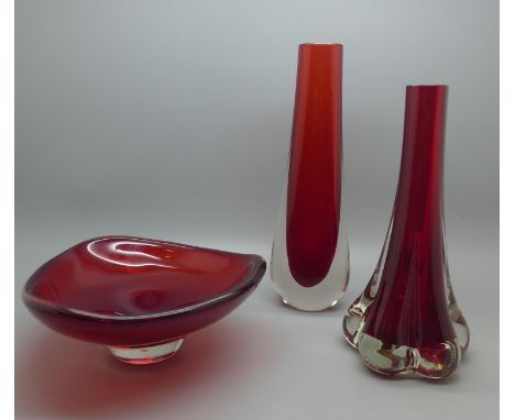 Two Whitefriars glass vases; a tear drop vase (no 9571), an elephant foot vase (no. 9728) and a three sided glass bowl (no. 9