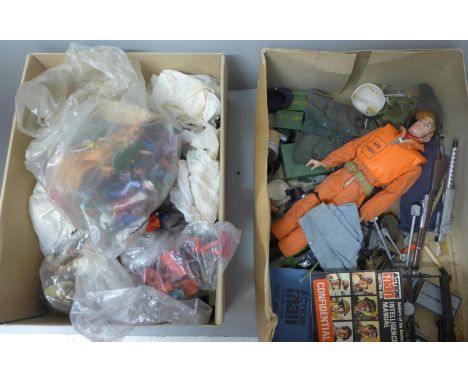 An Action Man and accessories and a box of plastic soldiers, cowboys and Native Americans, etc. 