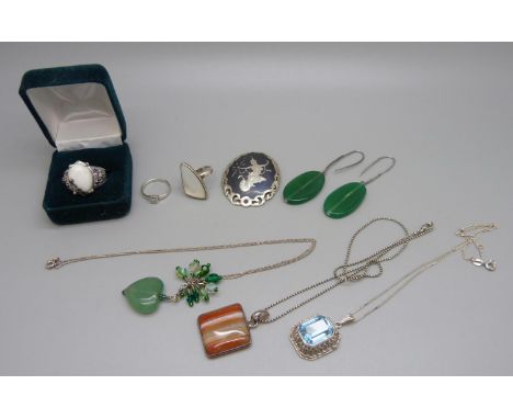 A silver Karis ring, two other silver rings, a pair of silver and jade earrings, a Siam silver brooch, a silver and agate pen