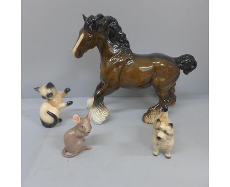 A Beswick shire horse, Beswick Norfolk terrier, a mouse and a Goebel cat 