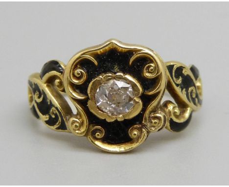 A Victorian diamond set mourning ring, enamel a/f, 4g, O 