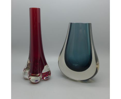 Two Whitefriars vases; hambone vase in indigo (no. 9656) and an elephant foot vase in ruby (no. 9728), 18cm and 15cm 