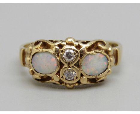 A 9ct gold, opal and diamond ring, 3.5g, O 