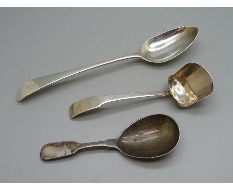 Three silver spoons, Hester Baleman, London 1789, shovel caddy spoon, London 1793 and one other caddy spoon, London 1873 