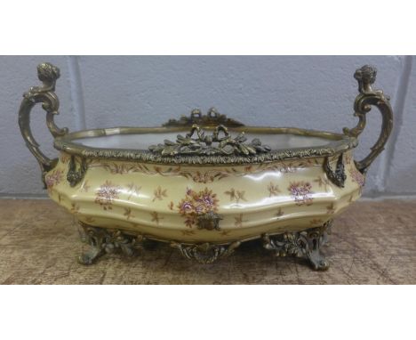 A European brass and ceramic planter with mermaid figureheads, 37cm 