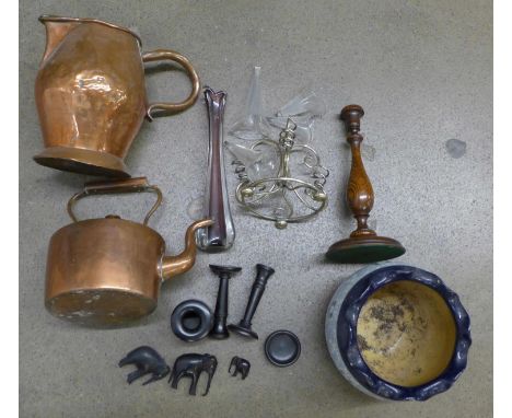 A copper kettle and copper jug, wooden candlestick, glass vase, ebony dressing table items, jardiniere, a/f and an epergne **