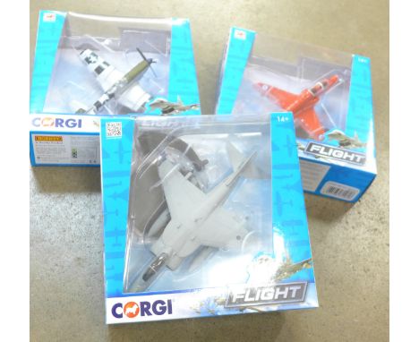 Three Corgi Flight aircraft, Red Arrows Hawk, Mustang P51 and Eurofighter, boxed