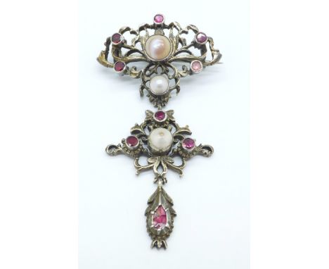 An Austro Hungarian ruby and pearl set drop brooch