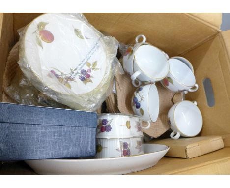 A collection of Royal Worcester Evesham; two serving dishes, six dinner plates, a serving plate, six tea plates, gravy boat, 