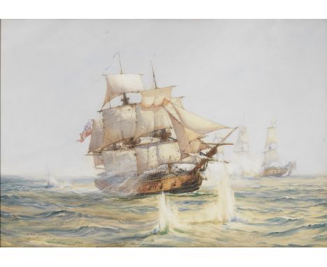 Montague Dawson (British, 1890-1973)The Bristol Privateer Hornet engaging the rich Spanish ship Purissima Conception outward 