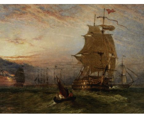 Henry Thomas Dawson (British, 1841-circa 1896)HMS Britannia leaving the fleet anchorage with other ships of War beyond bears 