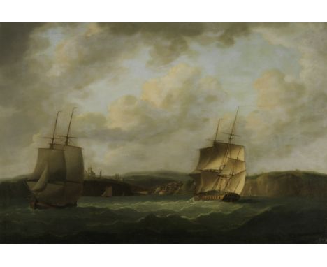 Thomas Whitcombe (British, circa 1752-1824)A 32 gun frigate entering Whitby oil on canvas60.4 x 89.2cm (23 3/4 x 35 1/8in).Fo