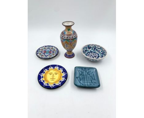 A collection of majolica and other ceramic dishes and an enamelled copper vase. H.14cm (largest)