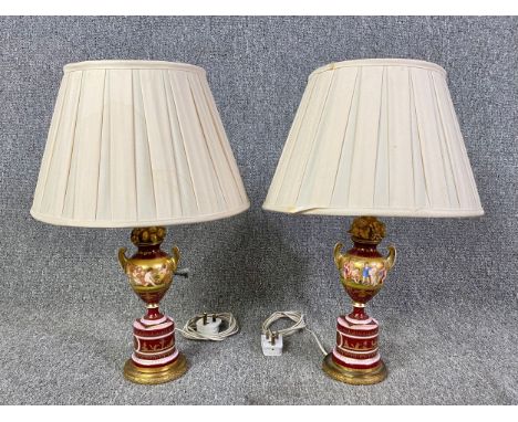 A pair of vintage hand painted ceramic and gilt metal neoclassical Sevres style table lamps. H.53cm (each)