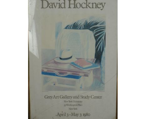A David Hockney exhibition poster: Grey Art Gallery, New York, April 3 - May 3, 1980. Framed and glazed. (Cracked glass as se