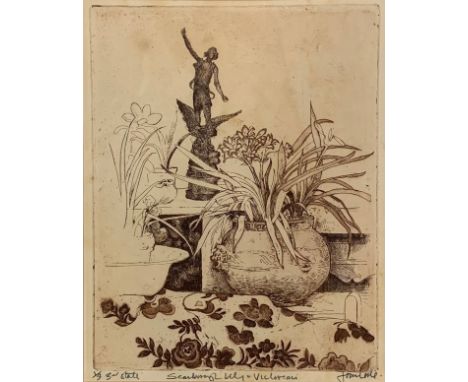 A framed and glazed signed etching, botanical study. H.51 W.46cm (each)
