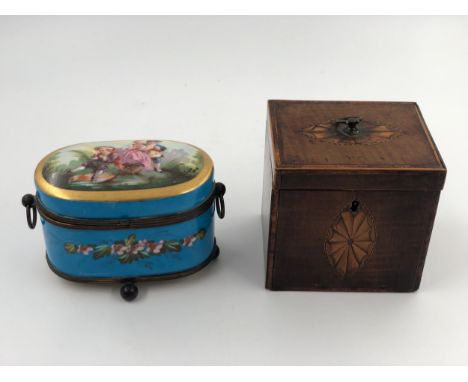 A Georgian satinwood inlaid caddy and a French hand decorated dressing table box. H.10cm (largest).