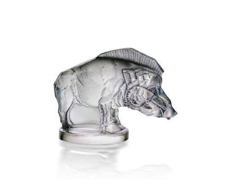‡ René Lalique (French 1860-1945) SANGLIER CAR MASCOT, NO. 1157 designed 1929clear, frosted and blue stainedmoulded R. LALIQU