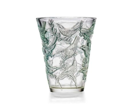 ‡ René Lalique (French 1860-1945) GRIVES VASE, NO. 10-917 designed 1938clear, frosted and blue stainedstencilled R. LALIQUE F
