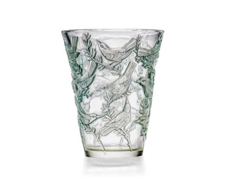 ‡ René Lalique (French 1860-1945) GRIVES VASE, NO. 10-917 designed 1938clear, frosted and blue stainedstencilled R. LALIQUE F