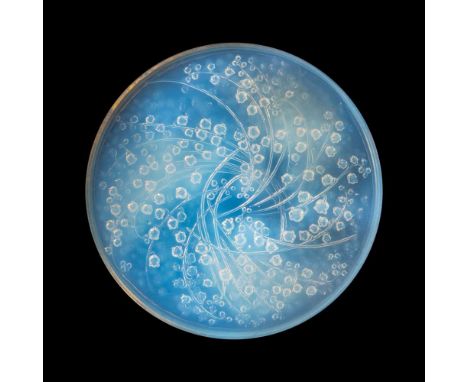 ‡ René Lalique (French 1860-1945) MUGUETS BOX, NO. 41 designed 1921opalescent, later card and silk basemoulded R. LALIQUE, en