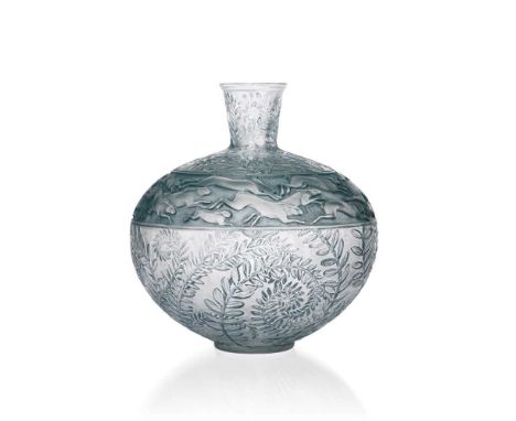 ‡ René Lalique (French 1860-1945) LIÈVRES VASE, NO. 942 designed 1923clear, frosted and blue stainedintaglio R. LALIQUEDimens