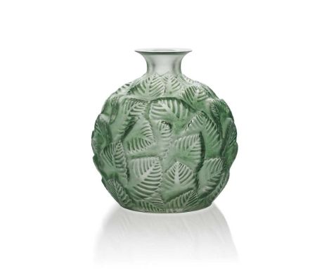 ‡ René Lalique (French 1860-1945) ORMEAUX VASE, NO. 984 designed 1926clear, frosted and green stainedengraved R. Lalique Fran