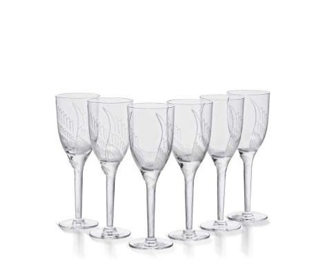 ‡ Marc Lalique (French 1900-1977) SIX ANGES CHAMPAGNE GLASSES, NO. 13-645 designed 1948clear, frosted and engraved, boxedengr