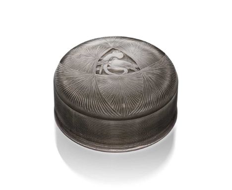 ‡ René Lalique (French 1860-1945) GENEVIÈVE BOX, NO. 57 designed 1920clear, frosted and green stainedmoulded mask cypher, eng