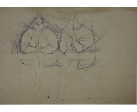 Mary Milner [Dickens], Drug Store (study for sculpture), 1960, signed, titled and dated, pen on paper, 44 x 60cm.Read more on