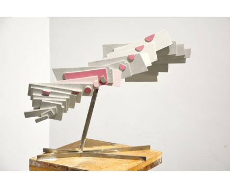 Mary Milner Dickens, Untitled - an abstract sculpture, wood, spray-painted silver and pink, on steel stand, width 60cm, heigh