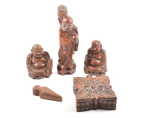 Chinese carved hardwood model of Buddha, seated; another very similar; a hardwood figure serving as a lamp base, carved wood 