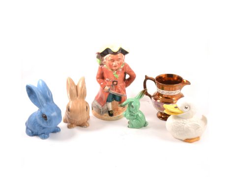 A Sylvac long-eared green rabbit, a blue and beige bunny, white duck, musical toby jug, posy ring, copper lustre jug and mug.