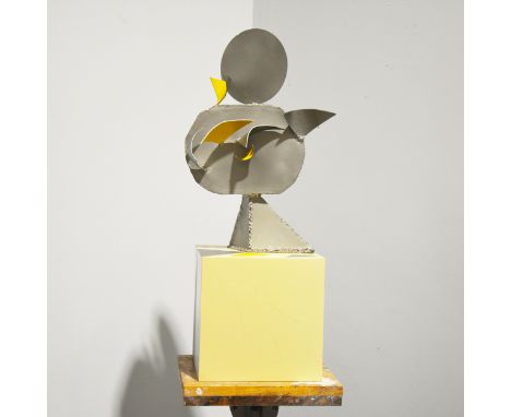 Mary Milner Dickens, Points, an abstract sculpture, welded steel, sprayed silver and yellow, on wooden cube base, width 36cm,