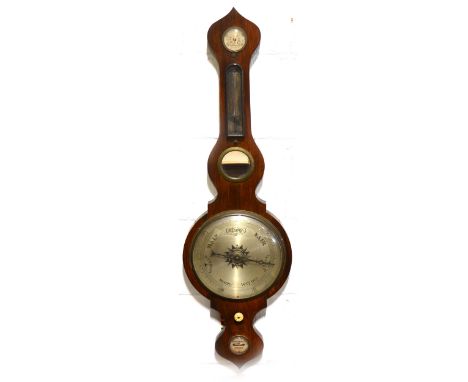 Victorian walnut barometer, silvered dials, marked Warranted Correct, 102cm.