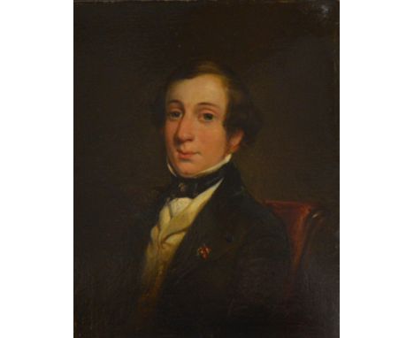 English School, 19th Century, portrait of a man, half length seated in a chair, oil on millboard, 29x22cm unsigned.