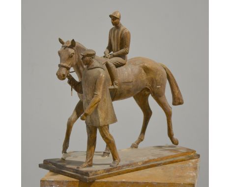 Mary Milner Dickens, Racehorse and Jockey being led, a maquette, showing the influence of Skeaping, cast plaster on wooden ba