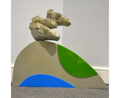 Mary Milner Dickens, Photofinish, a modern sculpture, mixed media - aluminium, resin, wood and acrylic, width 58cm, height 49