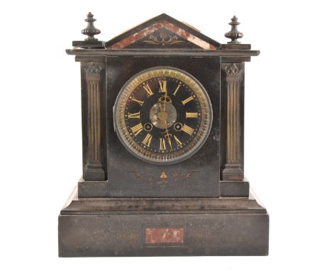A Victorian slate and marble mantel clock, architectural form, 31cm.