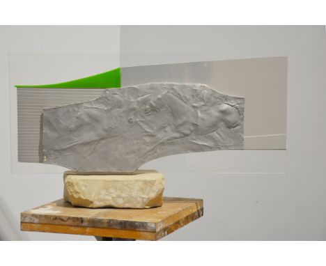 Mary Milner Dickens, A modern horse racing sculpture, mixed media - aluminium, perspex, acrylic - on a stone base, width 70cm