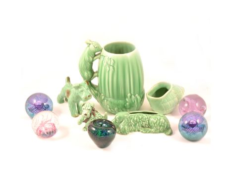 Sylvac green-glaze jug, squirrel handle, 23cm; four other items of Sylvac; three Caithness paperweights and two other glass p